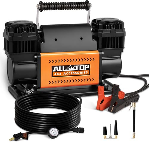 ALL-TOP Kit compressore d'aria, doppio cilindro 12 V, gonfiatore portatile 12,35 ft³/min, pompa compressore d'aria fuoristrada per pneumatici per camion, resistente max 150 PSI per veicoli 4x4 e