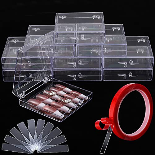 Noverlife 10PCS Press On Nail Storage Box, 2.6x2.6 inch / 6.5x6.5cm Clear Empty Plastic Nail Tips Storage Box with Arcylic Display Sticks, Double Sided Tape for Press on False Nails