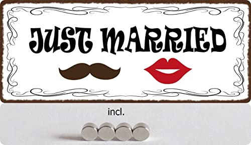 Targa in metallo, 27 x 10 cm, con 4 calamite, scritta Just Married