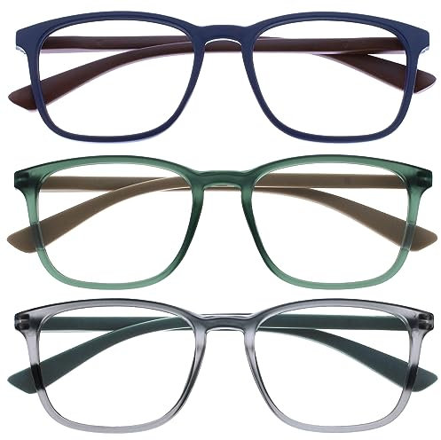 OPULIZE Max Lesebrille 3er Pack - Klassische große rechteckige Fassung - Brillen in mattem Blau, Grün und Grau - Herren Damen Unisex - RRR78-367 - +2,00