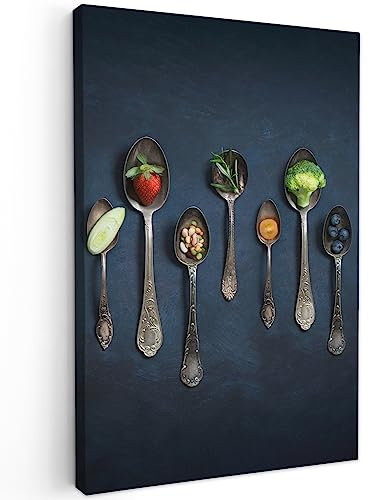 MuchoWow© Leinwand Bilder 40x60 cm Wanddeko Wohnzimmer Aesthetic Room Decor Deko Zimmer Wandbilder Modern Bild auf Leinwand Bild Küche - Gewürze - Löffel - Silber - Gewürz - Industrial