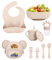 Assiette à pour Bébé Silicone,10 pièces de Assiette Ventouse Pour Bébé,bol, bavoir, couvert bebe, fourchette, gobelet pour bébé 2 en 1, gobelet à goûter, tétine à fruits pour bébés (beige)