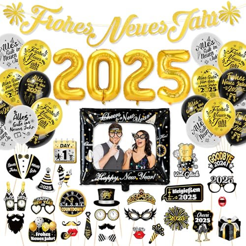 HOWAF Silvester Deko 2025, Frohes Neues Jahr Girlande Happy New Year Banner Silvester Luftballons 2025 Ballons Silvester Fotorahmen Folienballons Silvester Foto Requisiten Silvesterparty Neujahrsdeko