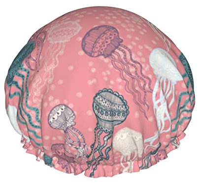 Graphically Pink Jellyfish Shower Caps for Women, Elastic Reusable Bathing Hair Cap Environmental Protection Hair Bath Caps, Double WaterproofBathing Shower Hat