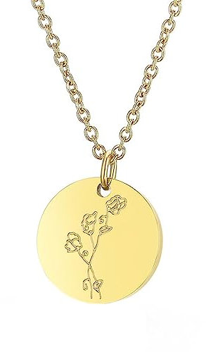 Mesnt Ketten Edelstahl Schmuck, Edelstahl Runder Tag mit April-Blumen-Muster Anhänger Halskette 45cm für Frauen Gold