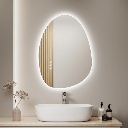 S'AFIELINA Miroir de Salle de Bain avec Éclairage 75×55×2,5cm (H×L×P) Miroir Rond Asymétrique avec Interrupteur Tactile, Dimmable, 3 Couleurs de Lumière Réglables, Antibuée Miroir de Salle de Bain
