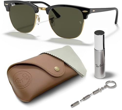 Ray-Ban RB3016 Clubmaster SONNENBRILLEN-SET | Exklusiv-Etui und Care-Kit | Polished Black on Gold/G-15 Green