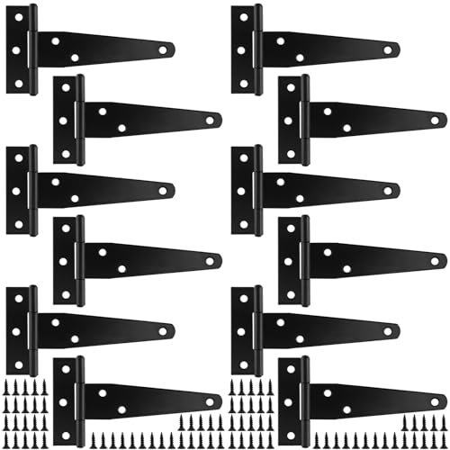 YUENPUN 12 PCS 10cm T Gate Hinges Heavy Duty, 4 Inch T Hinges with Screws, Metal Shed Door Hinge Black Garden Gate Hinge for Garden Fence, Window, Shed Door