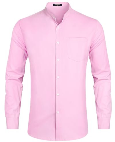 HISDERN Chemise Rose Homme Manches Longues Mariage Chemise Col Mao Homme Coton Bouton de Manchette pour Formel Rencontres S