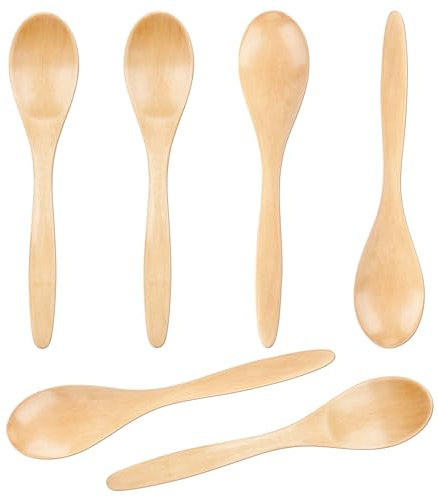 6uds Cucharas Pequeñas de Madera, Cucharadita de Madera de 14,5cm Cucharas para Servir Hechas a Mano Mini Cuchara de Mesa para Cocinar Condimentos Cucharas de Miel Uso Diario (Color Madera)