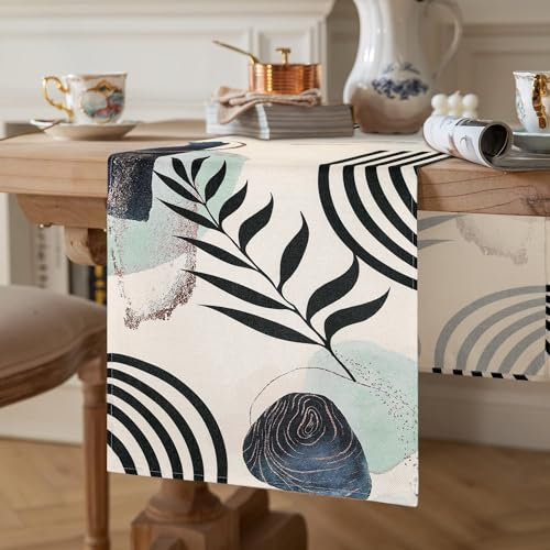Tischläufer Grün Tischläufer Frühling Modern 40x140 Abwaschbar Leinen Tropische Blätter Boho Tabelle Läufer Abstrakte Tischdecke für Esszimmer Party Urlaub Dekoration