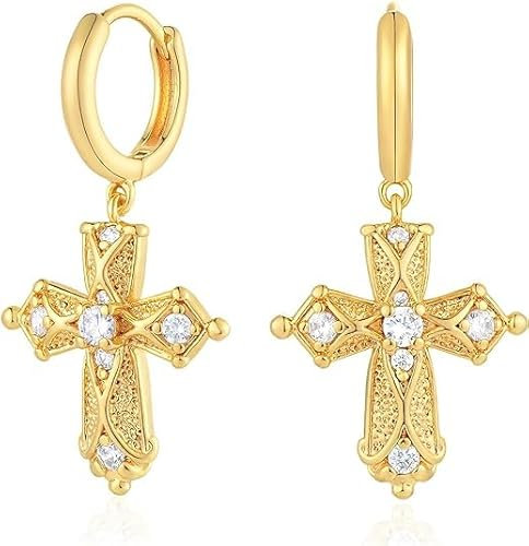 Jenosy 18K Vergoldet Gold Ohrringe Damen Kreuz Ohrringe Creolen mit Zirkonia Hypoallergene Ohrringe für Frauen und Mädchen