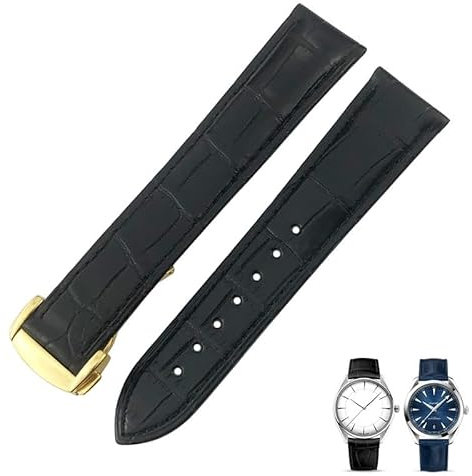 SHZZHSSA Uhrenarmband aus Krokodilleder, passend für Omega De Ville Seamaster Constellation 18 mm, 19 mm, 20 mm, 21 mm, 22 mm, echtes Alligatorlederarmband, Schwarz/Gold