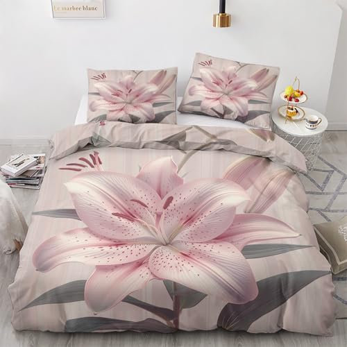 ZyxMehtic Housse de Couette 220x240 Fleur de Lys Rose - Parure de Lit 2 Personnes Floral Élégant Housse Couette en Microfibre Douce avec Fermeture Éclair avec 2 Taie d'oreiller 65x65 cm