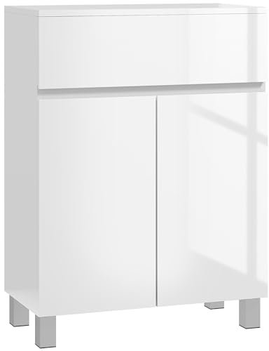 kleankin High Gloss Bathroom Storage Cabinet, Freestanding Bathroom Floor Cabinet with Drawer and Adjustable Shelf, White