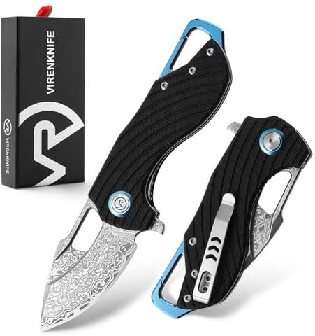 VR VIRENKNIFE Klappbares Taschenmesser aus Damaststahl, G10-Griff, kleines Mini-EDC-Messer mit Taschenclip, Schnalle, geeignet für Herrentaktik, scharfes Camping-Überlebens-Wandermesser