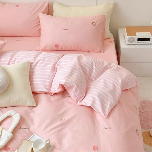 Freyamy Kinderbettwäsche 155x220cm 2teilig Rosa Erdbeere Mädchen Wende Bettwaren-Sets Microfaser Erdbeermuster Kinder Bettbezug mit Reißverschluss und Kissenbezug 80x80cm