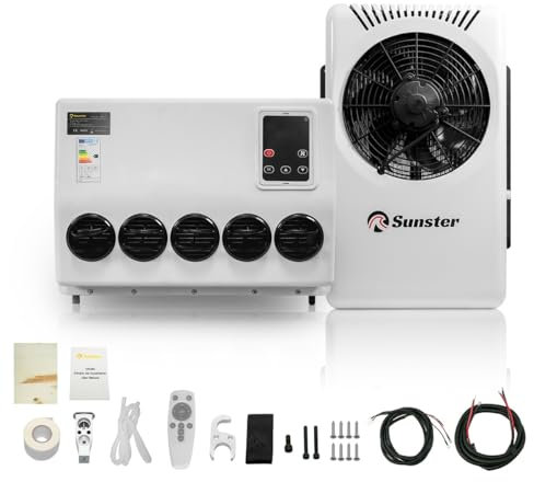Sunster Wohnwagen Klimaanlage, 24V DC Klimaanlage hocheffiziente Kühlung, Wandmontiertes Air Conditioner für Lkw, Baufahrzeuge, Bagger, doppelreihige Kleinwagen