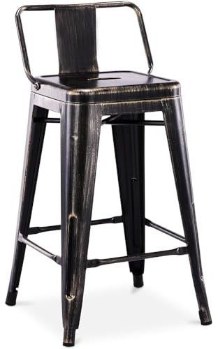 Iconik Interior Tolix Style Tabouret de Bar avec Dossier - Design Industriel - 60cm - Nouvelle édition - Stylix Bronze métallisé