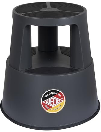 WEDO Rollhocker Super Step – robuster Tritthocker aus bruchfestem Kunststoff, TÜV/GS-geprüft nach EU-Norm EN 14183-F, rutschfest & rollbar, Made in Germany, Höhe ca. 43 cm, Tragkraft 150 kg, Grau