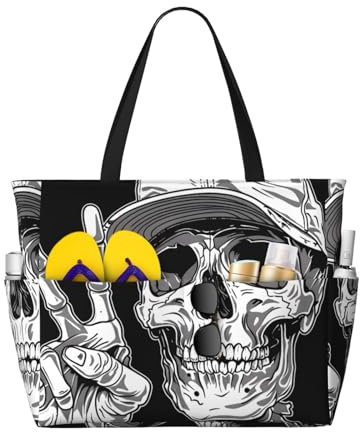Große Strandtasche für Damen, 3D-Gaming-Druck, wasserdicht, sanddicht, Reißverschluss, Strandtasche für Pool, Fitnessstudio, Lebensmittel, Reisen mit Nässe, Totenkopf 15, Medium