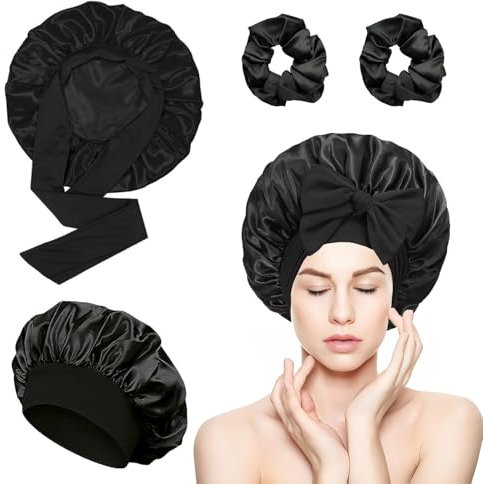 vaolmlop 2 pezzi Cuffia Seta Capelli Notte,Silk Bonnet,Con Nastri Regolabili,Berretto Da Notte Raso Elastico Per Dormire Cappello Da Notte Per Donna Berretto Da Notte Raso((nero)