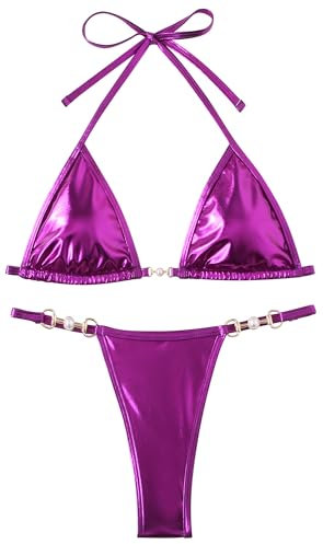 Bikini metallico da donna, 2 pezzi, sexy, a triangolo, con perizoma ad alta pressione, con perizoma e allacciatura al collo, costume da bagno, Anello viola, M