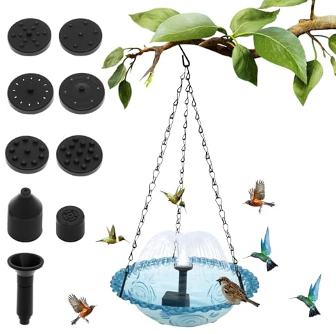 BAODBF Vogeltränke zum Aufhängen,Vogelbad Garten mit Solar Springbrunnen für Außen,Futter und Wasserschale mit 36 cm Metallkette mit Haken,Vogeltränke Frostsicher Groß für Balkon,Garten