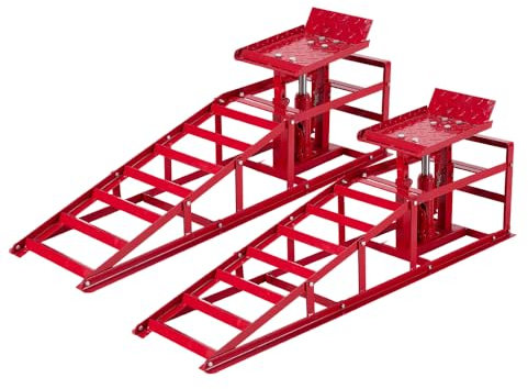Warmiehomy 2 Pieces of Heavy Duty Ramps, 2 Tons Metal Car Jack Hydraulic, Car Lifts for Home Garage Height Adjustable, 114 x 30 x 35 cm, Red