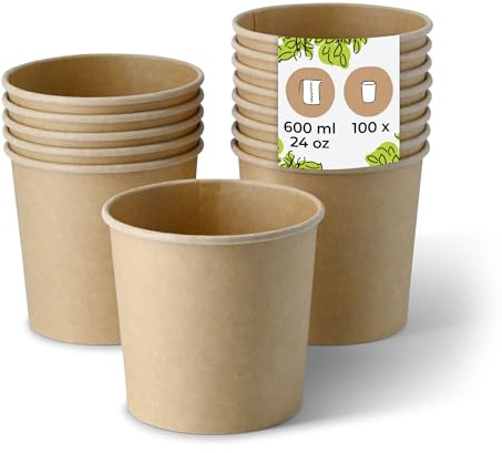 BIOZOYG Taza de Sopa 100 pieza 600 ml / 24 oz, Ø 115 mm, marrón - Taza grande, vasos carton - Vasos y platos desechables - Poke bowl, ramen bowl, vasitos aperitivos, cuenco sopa