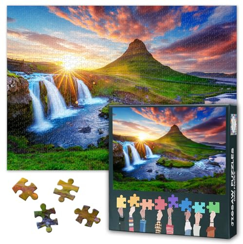 Island Wasserfall 1000 Teile Puzzle für Erwachsene, Natur | 1000-teiliges Puzzle mit Poster & Buchstaben; für Naturliebhaber, Reiseerinnerungen oder Wanddeko. Fertige Größe 70 x 50 cm