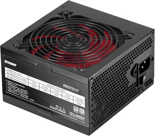 Betashop Fuente de alimentación PC ATX 600 W, Entrada CA 220 V CA, 5 A, 50 Hz, Voltaje de Salida +5 V, +3,3 V, + 12 V, +5 VSB, Carga máxima, 15 A, 15 A, 40 A, 0,3 A, 2,0 A, SMT DC-DC