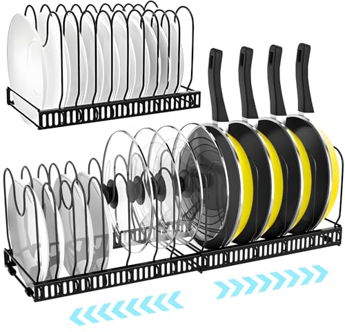 ZLPBAO Porta Coperchi Pentole Allungabile con 14 Scomparti Regolabili, Porta padelle allungabile per padelle, coperchi e Piatti, Supporto in Metallo, Contenitore Da Cucina