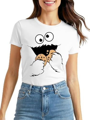 MoonWorks® Damen T-Shirt Krümelmonster Cookie Monster Fasching Karneval Kostüm Verkleidung Slim Fit
