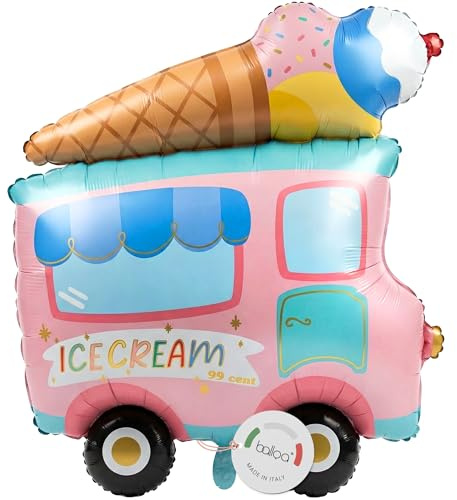 balloa Folienballon XXL Eiswagen, Helium Ballon Eis Motiv, Luftballon Ice Cream Truck Motiv für Party, Partydeko Geburtstag, Geschenk zum Kindergeburtstag Junge Mädchen, Eiswagenballon, 64cm