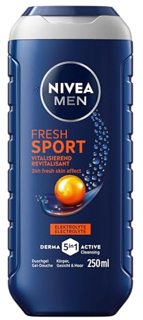 NIVEA MEN Fresh Sport Duschgel, Pflegedusche mit Elektrolyten und erfrischendem Duft, vitalisierende Formel für Körper, Gesicht und Haar, 24h Fresh Skin Effect (250 ml)