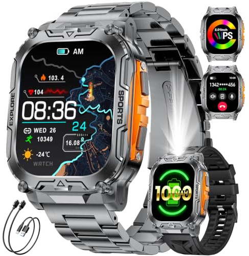 HIRREO 1000mAh Smartwatch Uomo, 2.01″ Orologio Smart Watch con Chiamata Bluetooth,Torcia LED Militare Orologio Fitness, 100+ Modalità Sportive,Sonno/Cardiofrequenzimetro, IP68, Android iOS, Nero