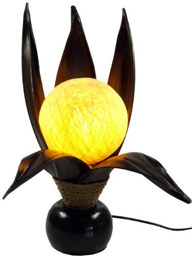 GURU SHOP Palmenblatt Lotus Tischlampe/Tischleuchte, in Bali Handgemacht aus Naturmaterial, Palmholz - Modell Palmera 8, 47x26x26 cm