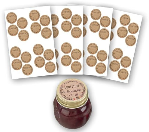 AVERY - 64 Étiquettes Rondes Kraft Confitures Fait Maison Inscriptibles - Adhésif Sans Solvant pour Usage Alimentaire - Format Ø 47 mm
