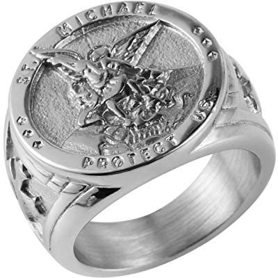 HZMAN St. Michael San Miguel The Great Protector Archangel Defeating Satan Figurine Stainless Steel Amulet Ring (Silver-A, 10)
