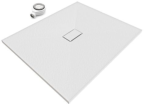 SMC BOREAL Duschwanne 120x100 cm, extra flache und robuste Duschtasse 26MM aus langlebigem SMC mit ANTI-Rutsch-Oberfläche In Schieferoptik/Steinoptik inkl. Ablaufgarnitur mit SMC Deckel - Weiß