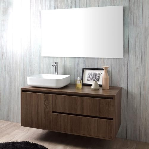 Kiamami Valentina - Meuble de Salle de Bain Suspendu 120cm, Porte et 2 tiroirs en Noyer foncé, lavabo à Poser et Miroir 120x70 | Siena