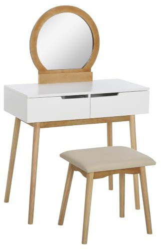 HOMCOM Frisiertisch Skandinavisches Design Schminktisch mit Spiegel, 2 Schubladen und Hocker Weiß Kiefer Hell