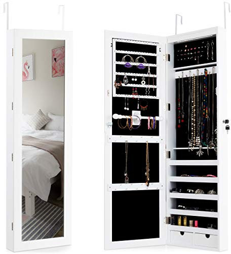 GIANTEX Schmuckschrank mit 15 LED, Schmuckregal Schmuckkommode mit Ganzkörperspiegel, 5 Fächer&2 Schubladen, abschließbarer Spiegelschrank Wandschrank für Schmuck, an der Tür hängend, weiß
