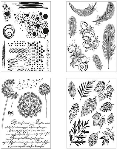 Silikonstempel Blätter Kreis Feder und Löwenzahn Set 4 Blätter Clear Stamp Set für DIY Bullet Journal Scrapbooking Fotoalbum Geburtstag Stempelset