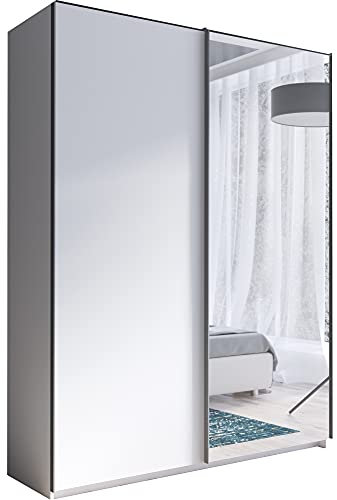 Furniture24 Schwebetürenschrank Rick 150 Kleiderschrank Schiebtür 2 Türen 5 Einlegeboden 1 Kleiderstange Schrank Grau matt mit Spiegel