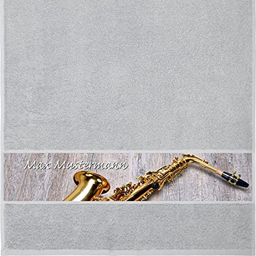 Manutextur Handtuch mit Namen - personalisiert - Motiv Saxophon - viele Farben & Motive - Dusch-Handtuch - hellgrau - Größe 50x100 cm - persönliches Geschenk mit Wunsch-Motiv und Wunsch-Name