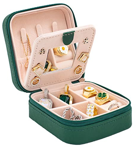 KElofoN Travel jewelry case Travel jewelry box Travel Jewelry Organizer Small box Gift for Girls Women with Mirror(Green)