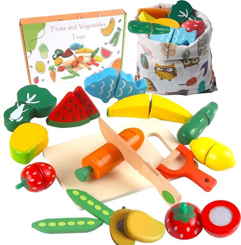 HVDHYY Frutta e Verdura Giocattolo Legno Giochi in Legno Accessori Giochi per Bambini Cucina con Cibo di Ruolo Giorno dei Bambini 2 Anni Regalo per Bambini e Bambina