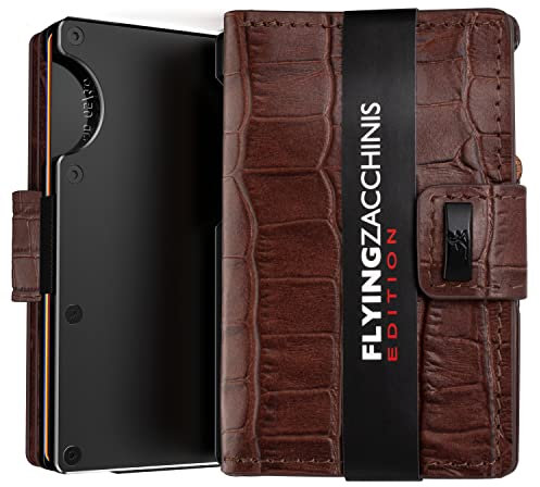 Flying ZACCHINIS 3in1 Slim Wallet mit Münzfach, AirtTag Kreditkartenetui aus Echtleder und Alumimum mit RFID Schutz, Kartenetui für Herren Carbon Design (ohne AirTag Halter, Kroko braun)